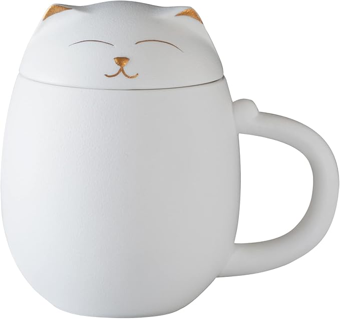 HEER Cat Tea Cup with Infuser and Lid, Cute Tea Mug with Strainer for Steeping Loose Leaf, Ceramic Teacup Birthday Christmas Cat Lover Gifts for Women, Men, Mom, Sisters, besties. (White)