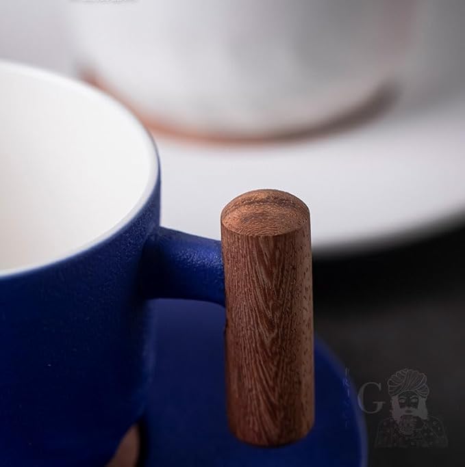 PRINCE G Japanese Style Ceramic Mug 130 ml with Matching Saucer – Handmade Minimalist Espresso, Coffee, Tea & Matcha Cup, Ideal Gift Set with Handgrip (BLUE)