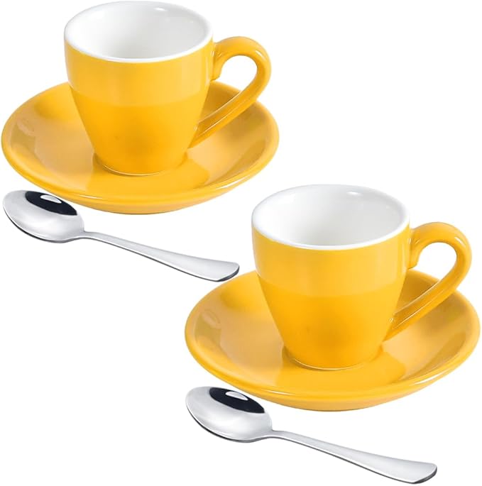 ionEgg Porcelain Espresso Cup with Saucer And Stainless Steel mini Spoons, Espresso shot Cup, 80ml/2.7Oz, Pack of 2, Yellow