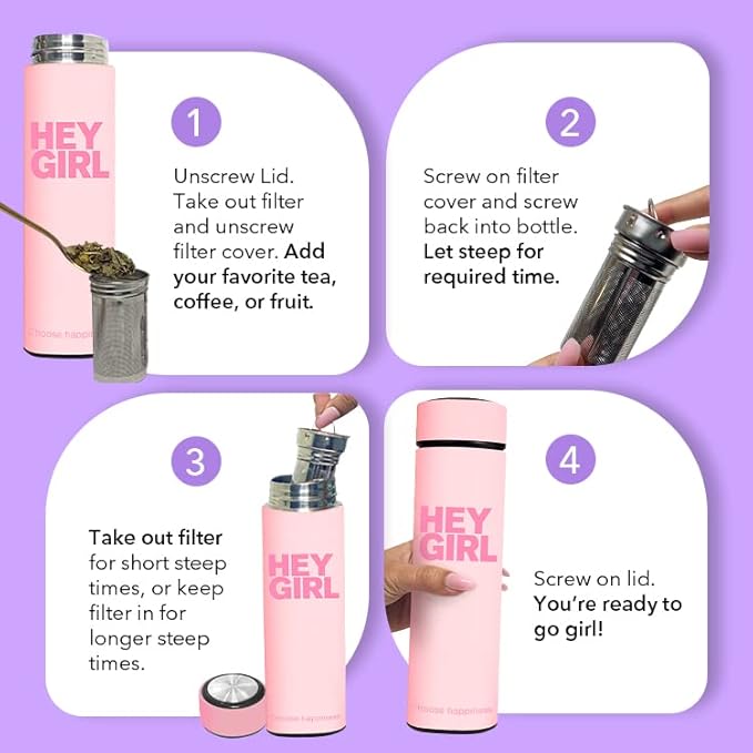 Hey Girl Tea Infuser Bottle 450ml - Insulated Stainless Steel Water Bottle - Tea Tumbler with Tea Diffuser - Portable Travel Mug for Loose Leaf Tea & Infused Water - Tea Lovers Gifts for Women