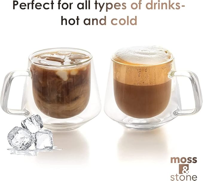 Moss & Stone Set of 4 Double Wall Glass Cup Clear Mug, Double Walled Coffee Mugs 7.5 Oz, Glass Tea Mugs, Insulated Coffee Mug With Handle.