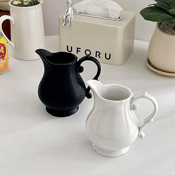 WAIT FLY Vintage Embossed Creamer & Sauce Pitcher - Milk Jug & Serving Pitcher for Kitchen - White Creamer