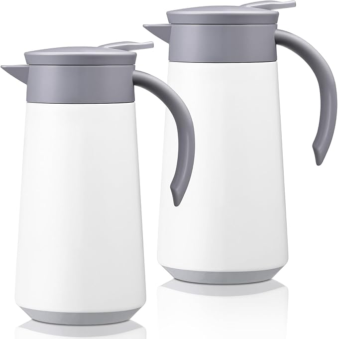 2 Pcs 27oz Thermal Coffee Carafe Stainless Steel Coffee Pot for Keeping Hot/cold Insulated Double Walled Vacuum Tea Pot with Press Button Drink Beverage Dispenser for Milk Tea(White)