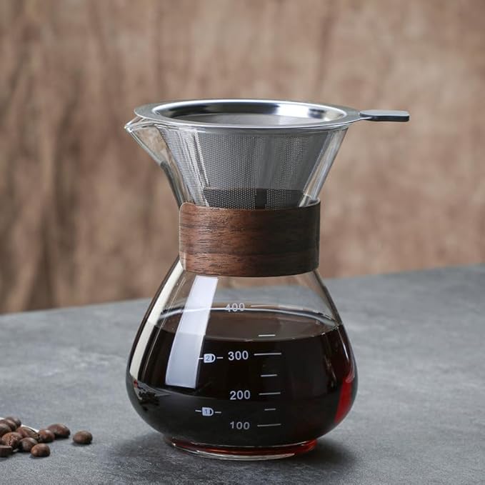 BeeCa Single-Serve Coffee Essential, Pour Over Coffee Maker Set, Reusable Stainless Steel Filter + Heat-Resistant Glass Carafe, Stylish Wood Collar, 1-2 Cup Portable & Easy Clean