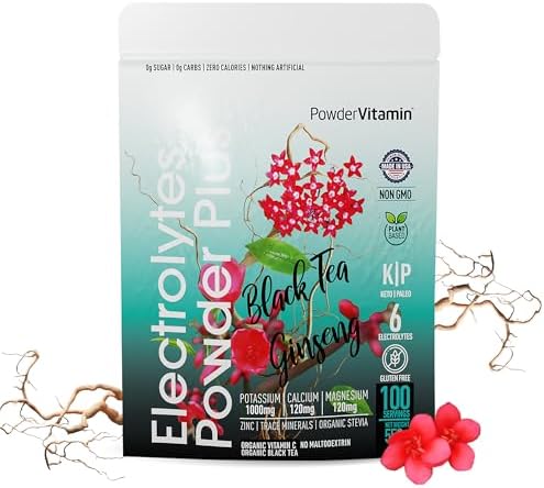 PowderVitamin Electrolytes Powder Plus (100 Servings) Black Tea Ginseng Electrolyte Powder Keto, Sugar Free, Pink Himalayan Salt,1000mg Potassium,150mg Calcium,150mg Magnesium, Hydration Powder
