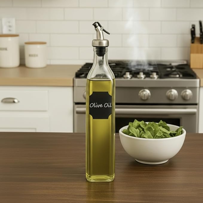 WERTIOO Olive Oil Dispenser Bottle, 17 OZ Glass Oil Dispenser for Kitchen with 1 Pourer,1 Stainless Steel Funnel & 1 Pen and 8 Label for Kitchen (500ml)