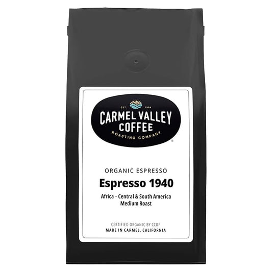 Carmel Valley Coffee Roasting Espresso 1940 – Organic Medium Roast, Africa, Central & South America - Notes of Dried Berries, Toasted Nuts & Baker’s Chocolate, Whole Bean Coffee, 12 Oz Bag, 1 Pack