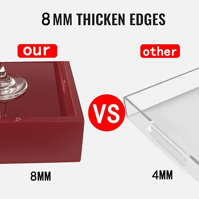 Sturdy 16" Acrylic Serving Tray with Handles - Ottoman Coffee Table Organizer for Food, Tea, Snacks, Vanity & Kitchen Countertop - Multi-Use for Bathroom, Living Room, Bar Parties (red)