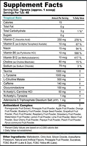 Gamma Labs G Fuel Tropical Rain Energy Drink Powder, Pre Workout Caffeine Mix for Gaming, Sugar Free Focus Amino, Vitamin + Antioxidants, 9.8oz Fruit Medley, 40 Servings