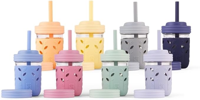 Elk and Friends Kids + Toddler Glass Cups | The Original 8oz Glass Mason Jar with Sleeves + Lids | Silicone Straws + Stopper | Smoothie Cup | Food Storage | Spill Resistant | Dishwasher Safe | 8 Pack