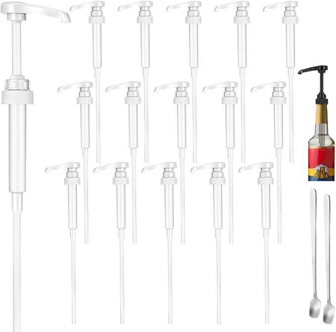 16 Packs White Coffee Syrup Pump Dispenser, Compatible with 25.4 Oz/750ml Bottles, Great for Home & Coffee Bar Drinking Mixes, Tea, Beverage, Cocktails, Plus Spoons(5.23")