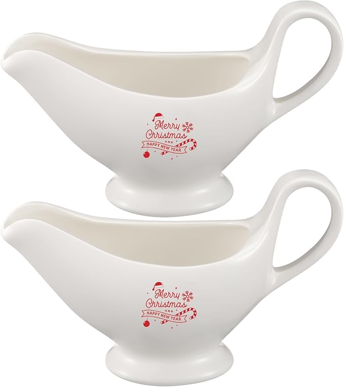 Bokon 2 Pack Christmas White Gravy Boat 8 oz Sauce Boat White Ceramic Sauce Jug with Smooth Handle Creamer Pitcher for Salad Dressing Milk Broth Microwave Dishwasher Safe for Festive Gatherings