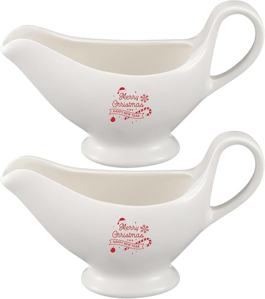 Bokon 2 Pack Christmas White Gravy Boat 8 oz Sauce Boat White Ceramic Sauce Jug with Smooth Handle Creamer Pitcher for Salad Dressing Milk Broth Microwave Dishwasher Safe for Festive Gatherings