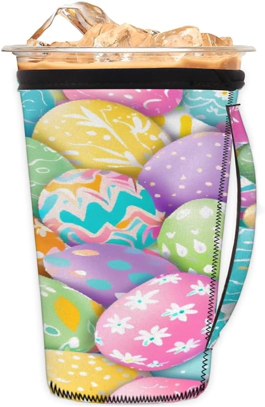 Easter Colorful Eggs Reusable Coffee Sleeves Iced Coffee Cozy Insulator, Neoprene Holder with Handle for Cold Coffee or Ice Drink, Small 16-18oz