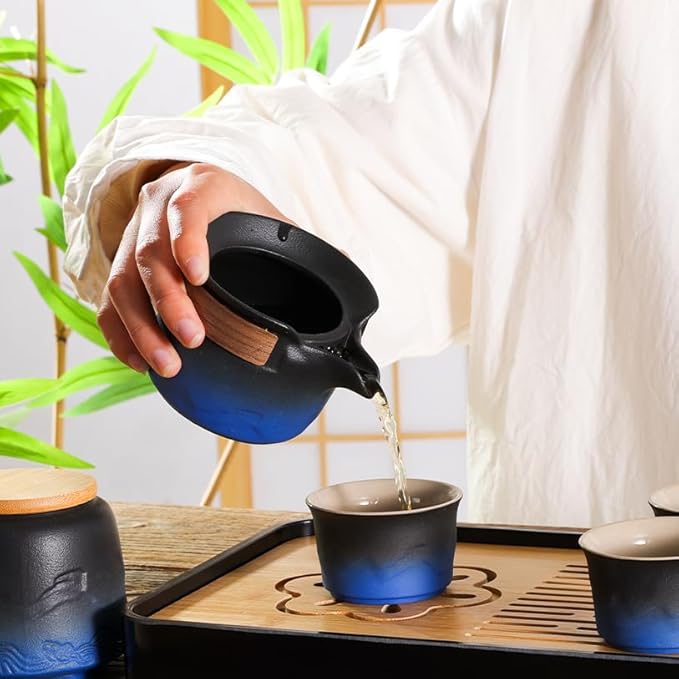 LURRIER Gongfu tea sets, Portable Ceramic TeaSet, Asian Tea sets for adult, Tea Gift sets, Grey leather case, Portable Travel Bag,Home,Gifting,Outdoor and Office(XBlack and Blue)
