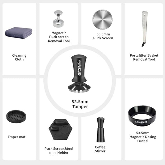 54mm Espresso Accessories Kit, Spring Loaded Calibrated Tamper,mat，WDT Tool，Dosing Funnel，Puck Screen kit，Basket Removal Tool ，Cleaning ClothSet,Fits 54mm Breville Espresso Coffee Machines (54MM)