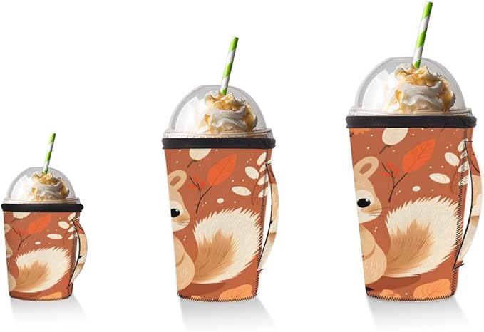 Cute Squirrel Reusable Insulator Coffee Sleeves for Drinks Beverages, Neoprene Holder with Handle for Most Coffee or Ice Drink, 16-18oz