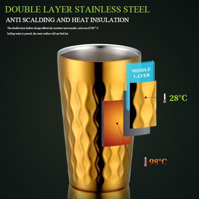 10oz Stainless Steel Cup Set, 6Pcs Double Wall Metal Cup，Vacuum Stackable Insulated Portable Drinking Tumblers Unbreakable Glasses，for Home Outdoor Restaurant(Gold)