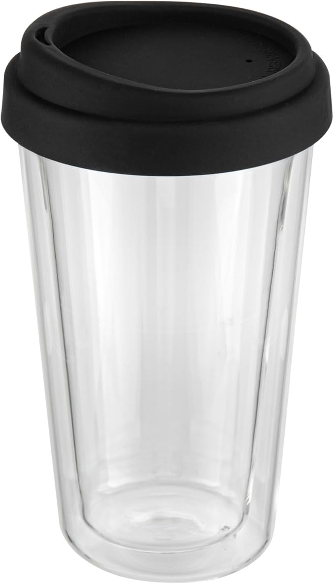 Restaurantware Glass Travel Mug 1 Count 14 Ounce Double Wall Borosilicate Reusable Coffee Cup, Spill-Resistant Black Silicone Lid, Clear Drinkware Mug for Hot and Cold Beverages