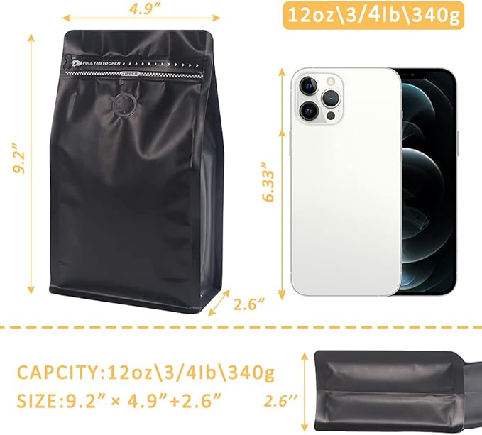 REMTAP Coffee Bags with Valve(100pcs,12 oz) balck High Barrier Aluminumed Foil Flat Bottom Standing Coffee Beans Storage Bags,Reusable Heat Sealable Side Zipper Pouches for Home or Store