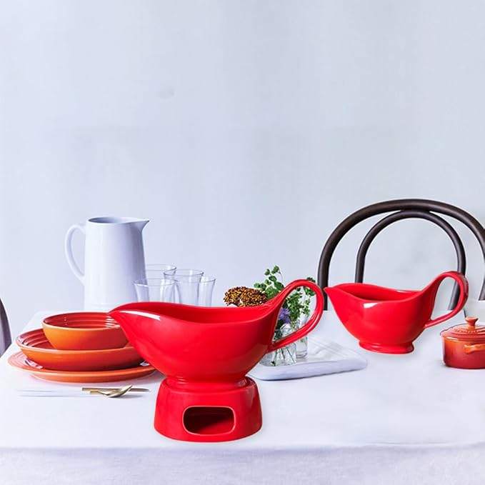Porcelain gravy sauce boat with candle holder, 20 ounces, Used for turkey salad dressing, cream milk broth - Thanksgiving and Christmas dishes - Red