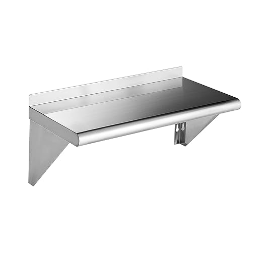 ROCKPOINT Stainless Steel Shelf 12 x 24 Inches 250lb, NSF Metal Commercial Shelves Wall Mount Floating Shelving with Backsplash for Restaurant, Kitchen, Home and Hotel, Silver