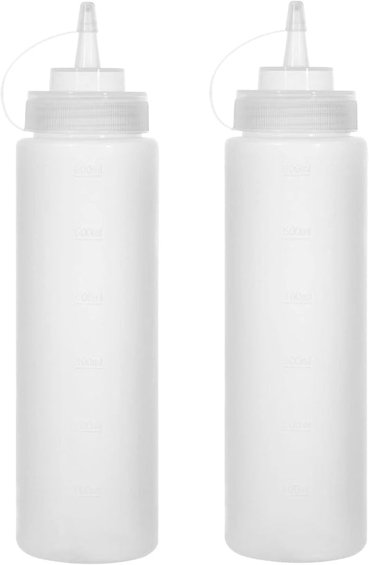 Katfort Condiment Squeeze Bottles Ketchup Dispenser 2PCS 24 oz Plastic Sauce Squirt Bottle with Cap Lids, Pancake Squirt Bottles for Sauces Liquids Mustard BBQ Dressing Pancake Art