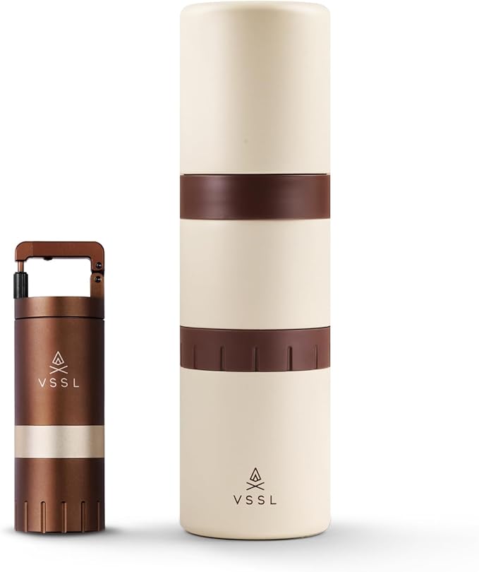 VSSL - Nest Pour Over Coffee Kit + Java G25 Bean Grinder Bundle | Coffee for Camping | Pour Over Dripper | Two 10oz Stainless Steel Travel Mugs | Cream/Bronze
