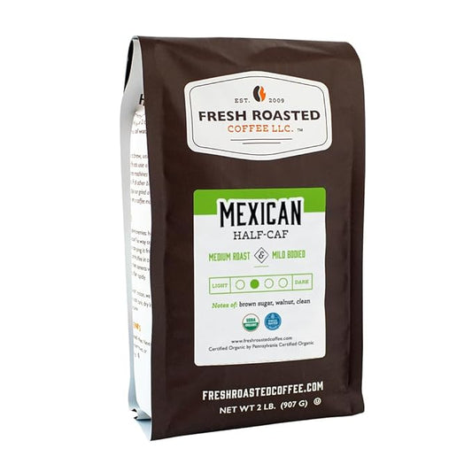 Fresh Roasted Coffee, Organic Mexican Water-Processed Half-Caf | USDA Organic, Kosher | Medium Roast 2 lb (32 oz) Whole Bean