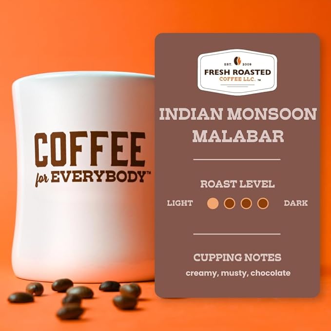 Fresh Roasted Coffee, Indian Monsoon Malabar, 12 oz, Light Roast, Kosher, Whole Bean