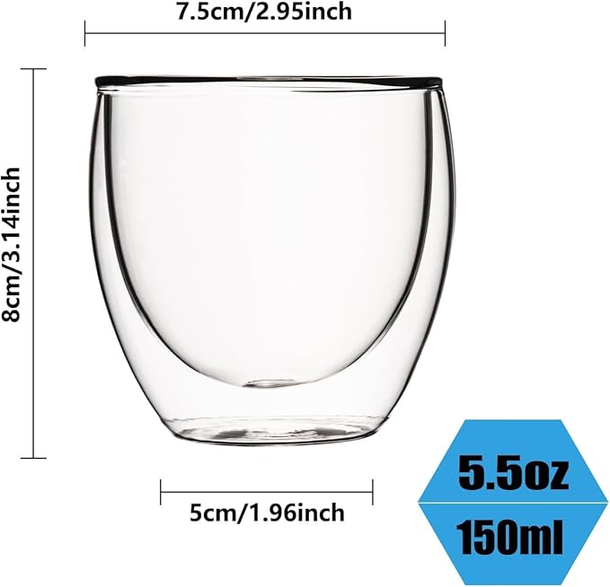 5.5oz Glass Coffee Mugs Set of 2, Double Walled Espresso Cups for Latte Cappuccino Cocoa Milk Cafe Juice, Clear Glass Tea Cup Set Glassware Gift for Christmas Birthday (5.5oz-4Pack)