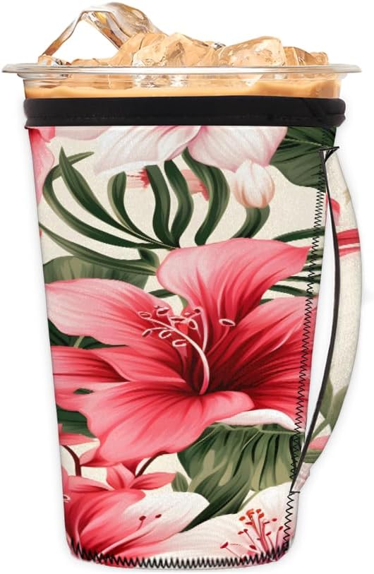 Reusable Iced Coffee Cup Sleeve Tropical Flowers Neoprene Insulated Sleeves Cup Holder with handle Idea for 16oz - 18oz