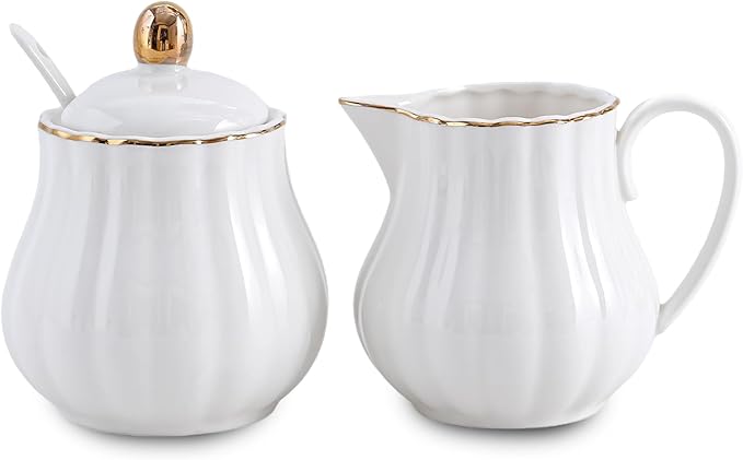 Ceramic Sugar and Creamer Set, 3 Piece Set with Cream Pitcher, Sugar Bowl, Spoon (White)