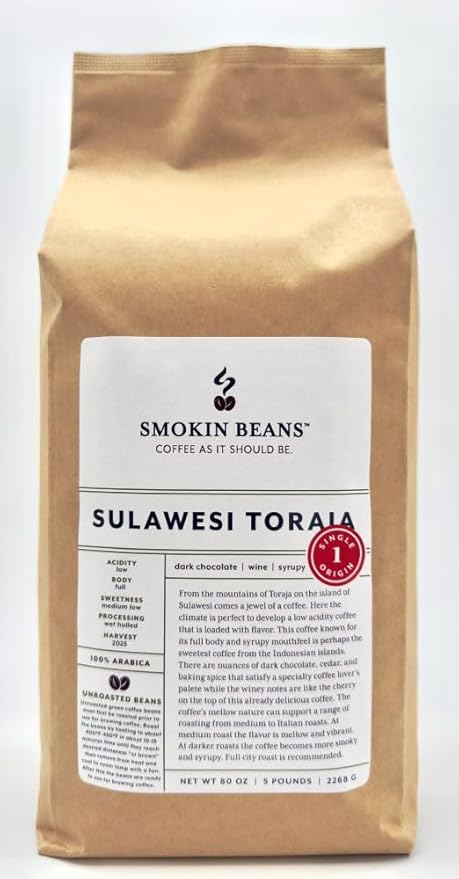 5-Pound Sulawesi Toraja Unroasted Green Arabica Coffee Beans Fresh Current Crop Specialty Grade Roast the Beans Yourself at Home on Your Roasting Equipment Prior to Using for Brewing Coffee