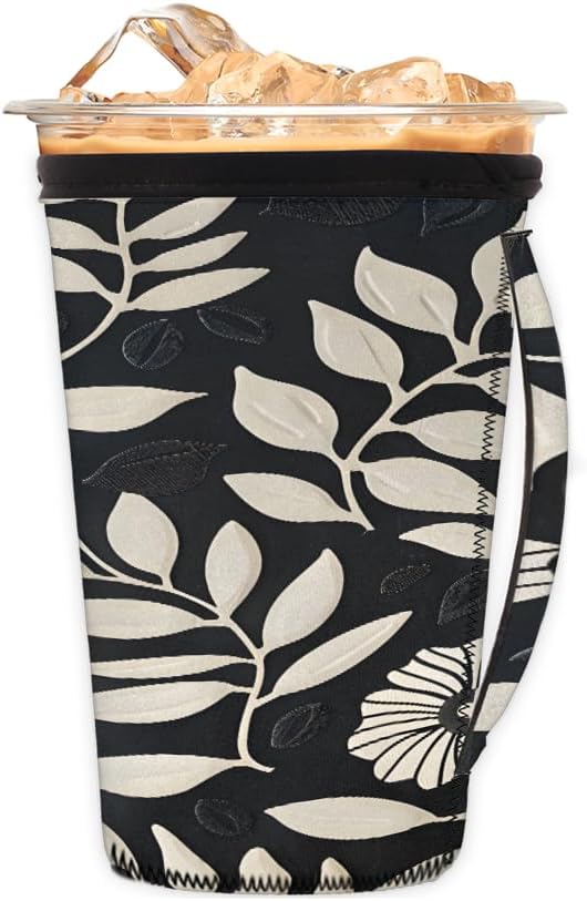 Reusable Iced Coffee Cup Sleeve Leaves Flowers Geometric Neoprene Insulated Sleeves Cup Holder with handle Idea for 16oz - 18oz
