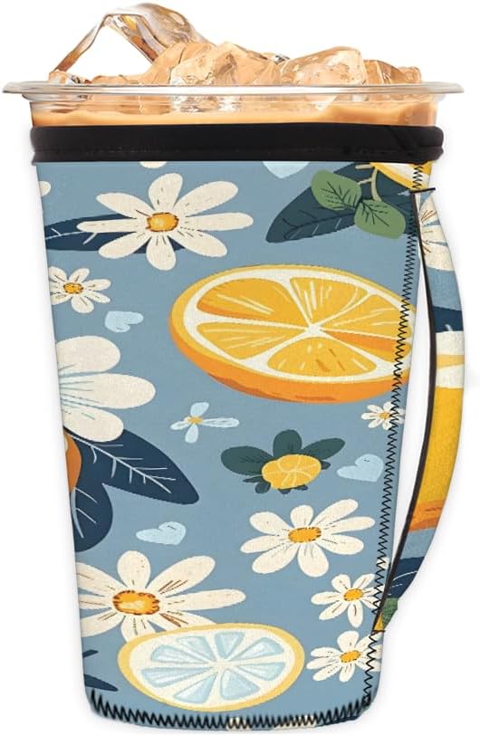 Reusable Iced Coffee Cup Sleeve Daisy Lemon Neoprene Insulated Sleeves Cup Holder with handle Idea for 16oz - 18oz
