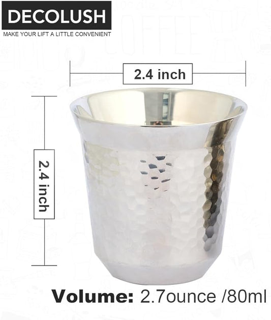 75mL (2.5 Ounce) Stainless Steel Espresso Cups - 4 Pack Double Wall Insulated Cups Demitasse Cups Coffee Cup For Drinking, Drinking Coffee, Drinking Beverages(Silve Hammer texture