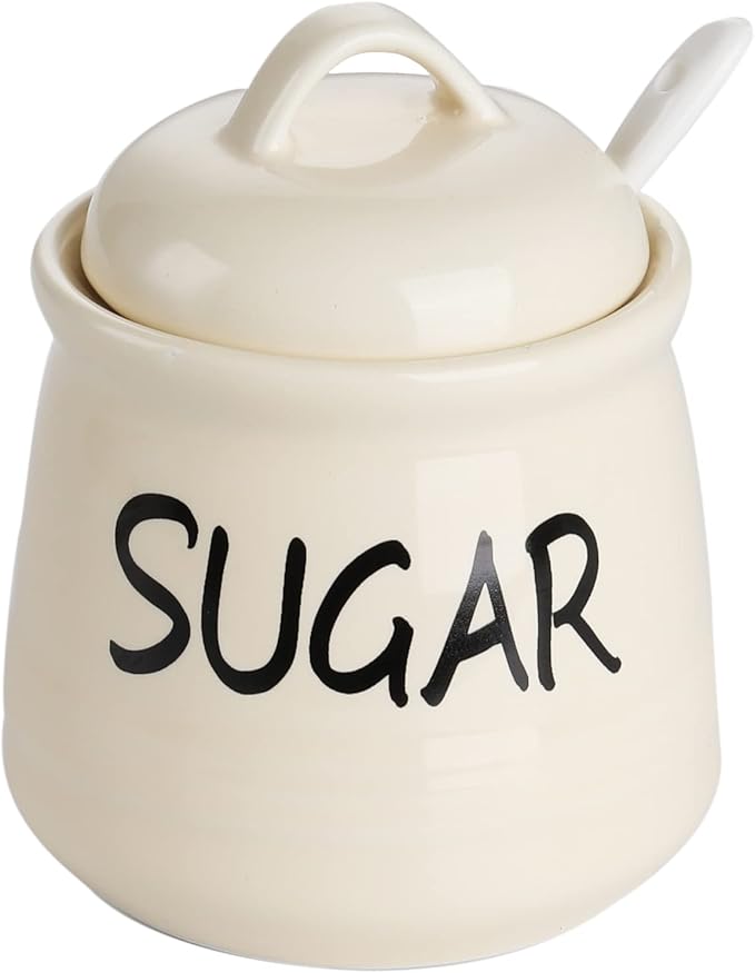 HAOTOP Porcelain Sugar Bowl with Lid and Spoon 12oz (Beige)