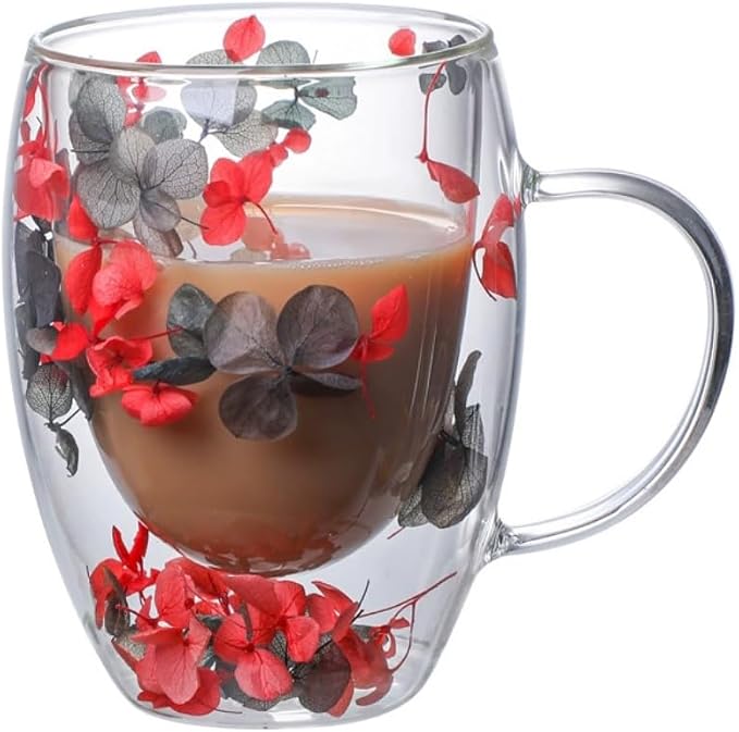 Double Glass Flower Tea Cup, Aesthetic Preserved Flower Cup, Cute Insulated Tea Cup with Handle, Heat Resistant & Lead-free Coffee Mugs, Gifts for Birthday Mother's Day, Perfect for Women Wife Mom (B)