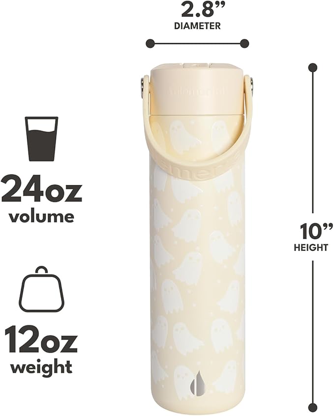 Elemental 24oz Insulated Water Bottle with Straw - 100% Leak-Proof Stainless Steel Core Water Bottles for Travel, Sports and Gym - Double Wall Insulation & BPA Free - Little Ghostie