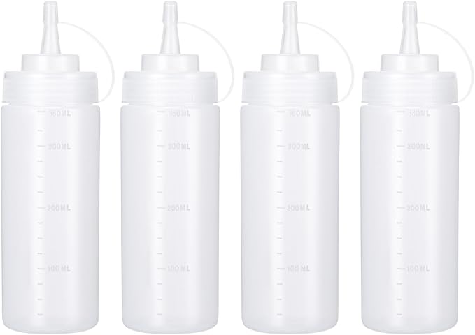 Katfort Condiment Squeeze Bottles Ketchup Dispenser, 4 Pack 12oz Squeeze Bottles for Liquids, Plastic Sauce Bottle with Cap Lid, Squirt Bottles for Sauces Liquids BBQ Dressing Pancake Art