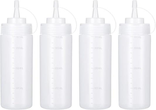 Katfort Condiment Squeeze Bottles Ketchup Dispenser, 4 Pack 12oz Squeeze Bottles for Liquids, Plastic Sauce Bottle with Cap Lid, Squirt Bottles for Sauces Liquids BBQ Dressing Pancake Art