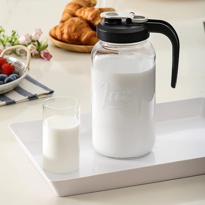 Set of 2, Glass Pitcher with Lid - 2 Quart Mason Jar Pitcher with Filter Lid, Wide Mouth Jar Leak-proof Water Jug, Heavy Duty Container for Water, Juice, Milk, Tea, Iced Coffee, and Drinks