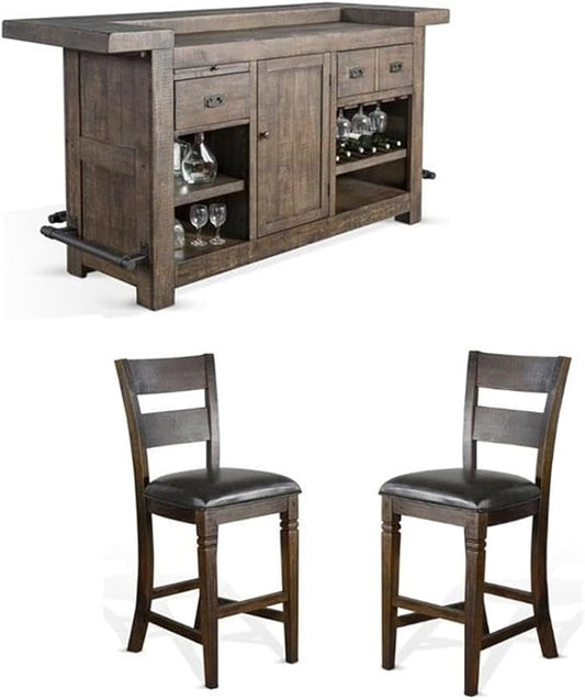 Pemberly Row Set of 3 Wood Bar Unit and 2 Ladderback Barstool in Dark Brown