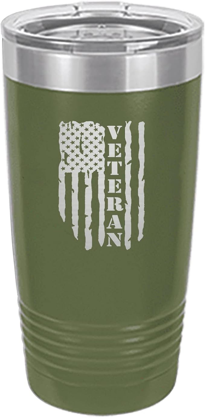 Rogue River Tactical USA Flag Veteran 20 Oz. Travel Tumbler Mug Cup w/Lid Vacuum Insulated Hot or Cold Military Vet Gift (Green)