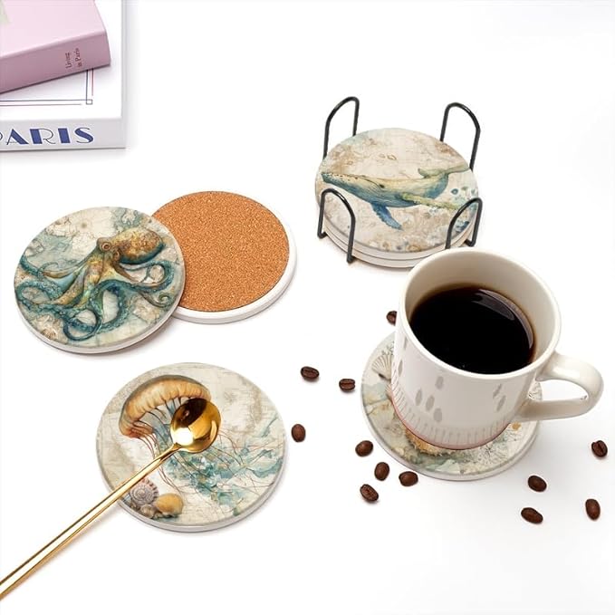 Ocean Coasters Set of 6,Absorbent Drink Coasters Cork Base Non-Slip Coasters,Marine Animal Coastal Beach Decor Coasters,for Apartment Kitchen Bar Decor,for Dining Tables Coffee Table,4in