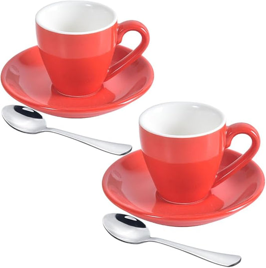 ionEgg Porcelain Espresso Cup with Saucer And Stainless Steel mini Spoons, Espresso shot Cup, 80ml/2.7Oz, Pack of 2, Red