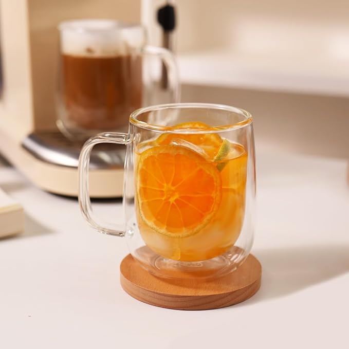CNGLASS Large Double Wall Glass Coffee Mug 15.2oz,Clear Insulated Glass Espresso Cup with Big Handle,set of 1