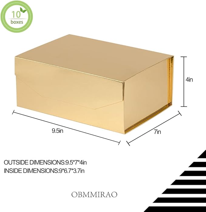 10 Small Gold Gift Boxes 9.5x7x4 Inches, Magnetic Gift Box with Lid for Gift Packaging, Wholesale gift boxes for Presents, Bridesmaid Proposal Boxes (Glossy Gold, 10pcs/pack)