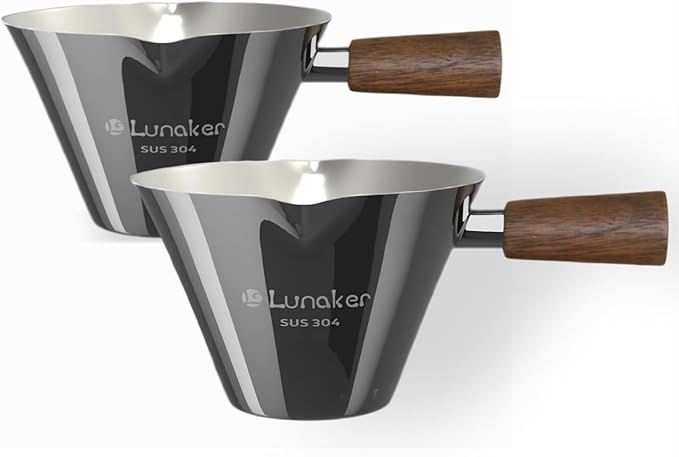 Lunaker Espresso Cups - 4OZ Espresso Shot Cup with Wooden Handle -Measuring Cup with Double Spouts - Coffee Bar Accessories, Bright Silver（2 Pcs）